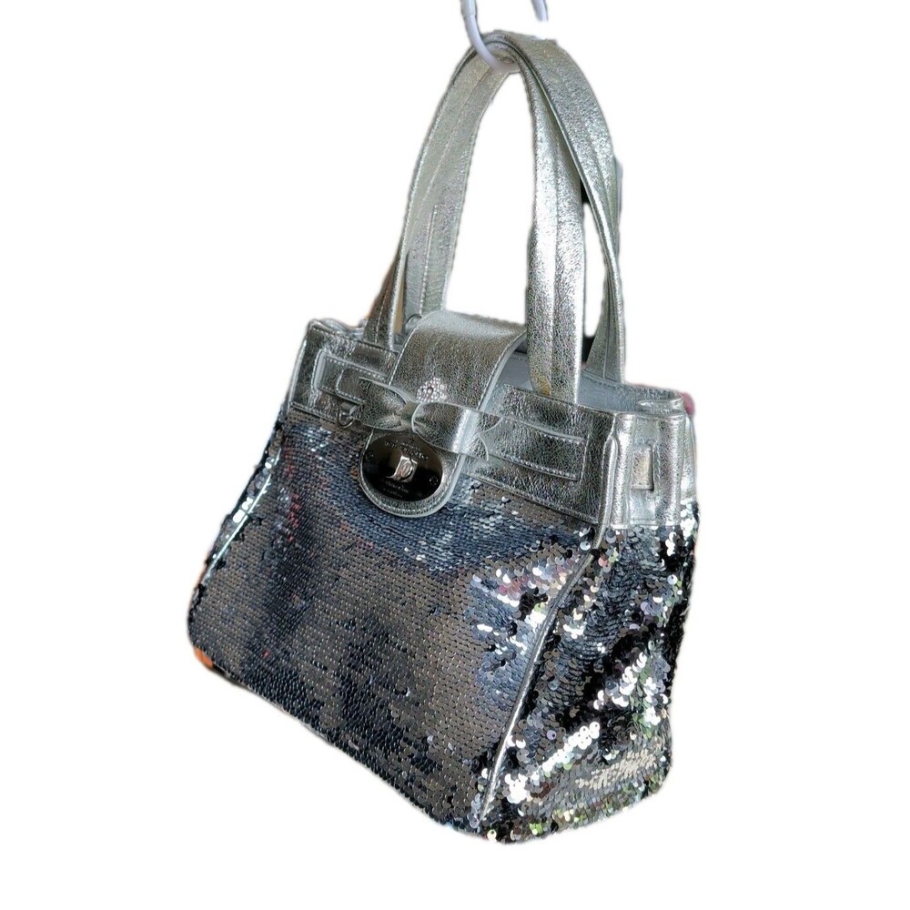 My Flat In London Embellished Silver Sequin Tote Glam Evening Bag Rhinestone
